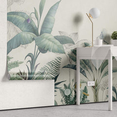 Tapet personalizat Tropical cu plante tropicale in nuante de verde si fundal bej - PARADISE TROPIC SKETCH