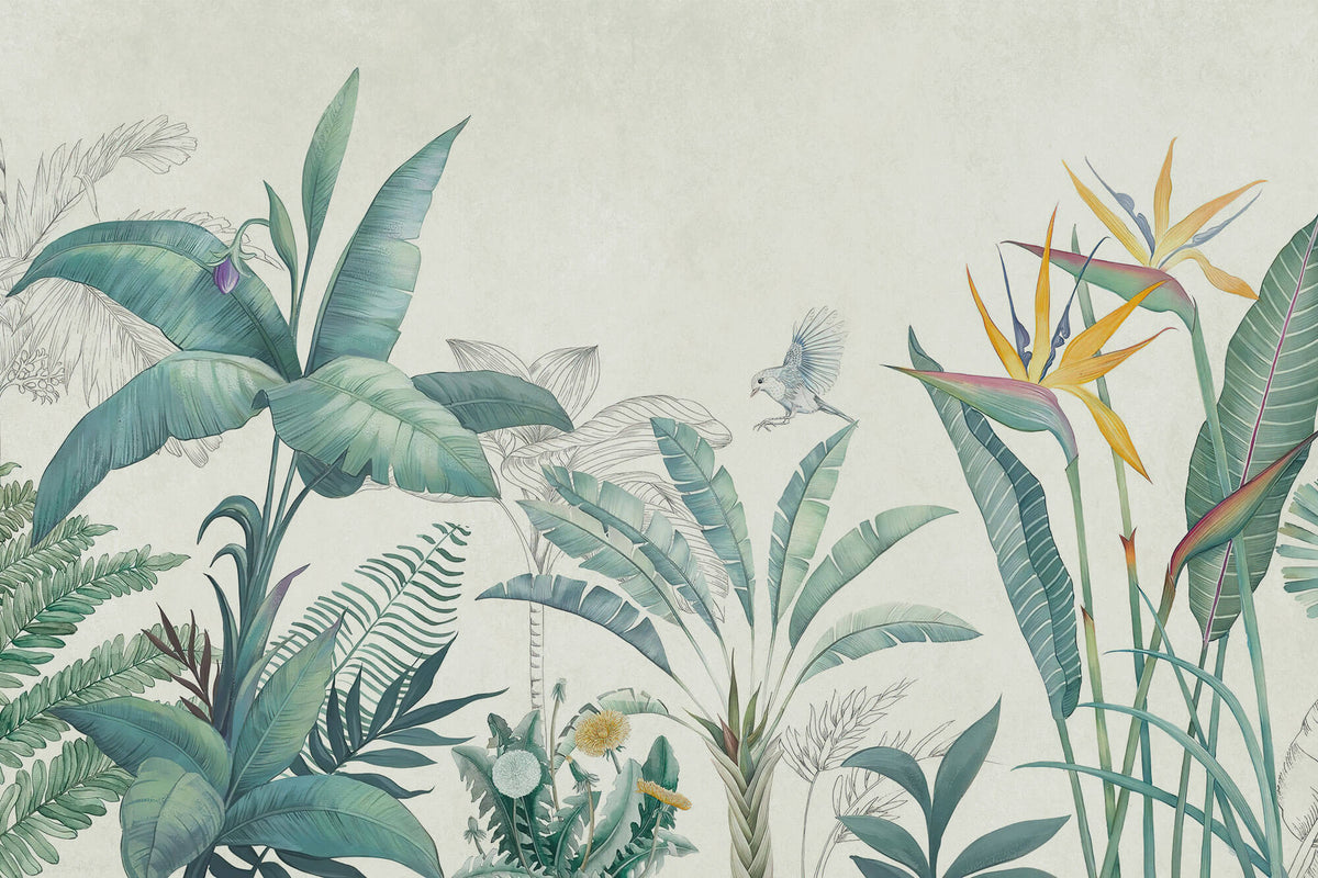 Tapet personalizat Tropical cu plante tropicale in nuante de verde si fundal bej - PARADISE TROPIC SKETCH