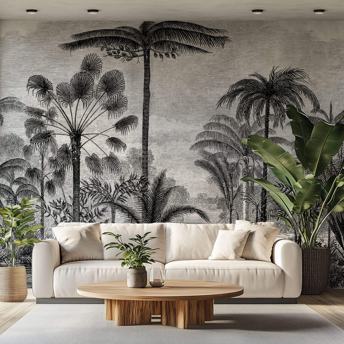 Tapet personalizat Tropical cu peisaj tropical desenat in dungi alb si negru - TROPICAL POSTCARD