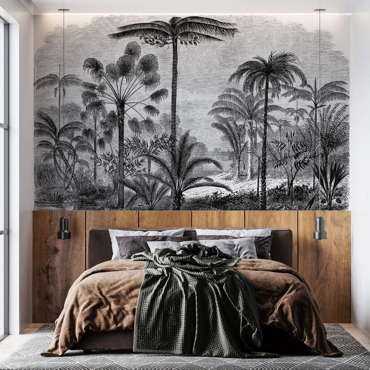 Tapet personalizat Tropical cu peisaj tropical desenat in dungi alb si negru - TROPICAL POSTCARD