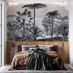 Tapet personalizat Tropical cu peisaj tropical desenat in dungi alb si negru - TROPICAL POSTCARD