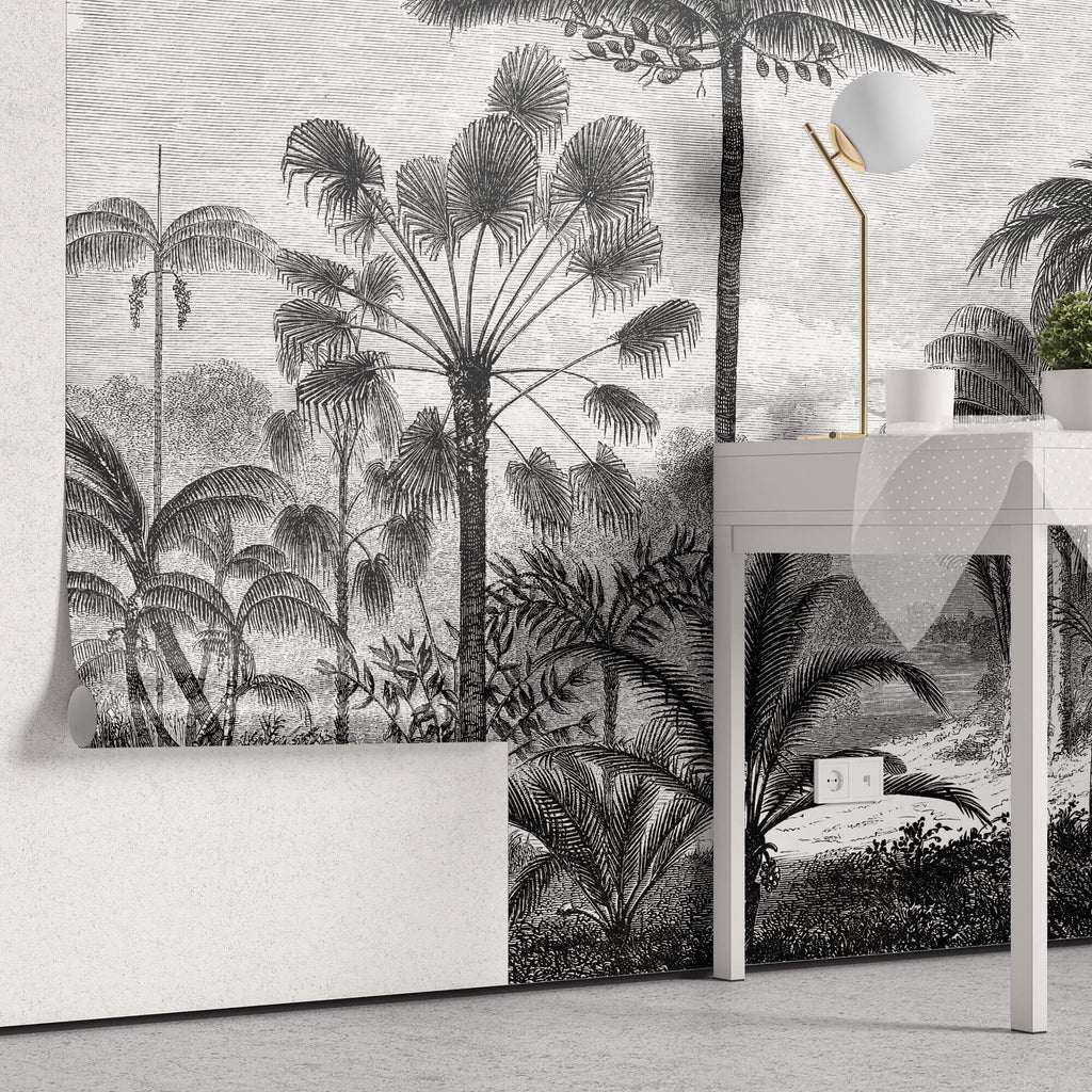 Tapet personalizat Tropical cu peisaj tropical desenat in dungi alb si negru - TROPICAL POSTCARD