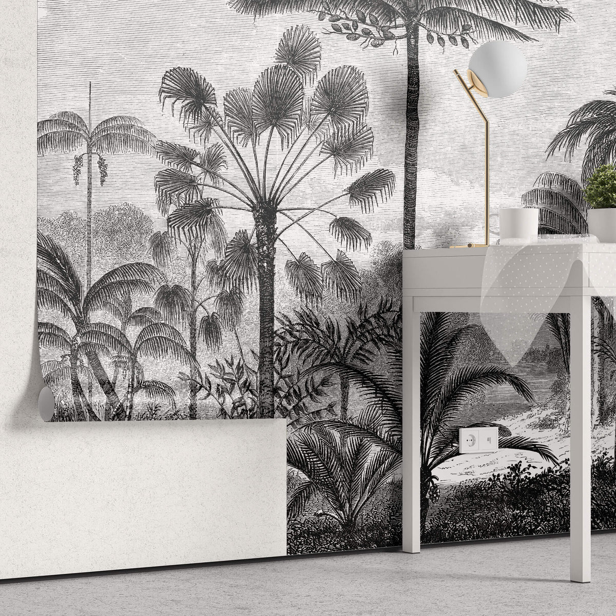 Tapet personalizat Tropical cu peisaj tropical desenat in dungi alb si negru - TROPICAL POSTCARD