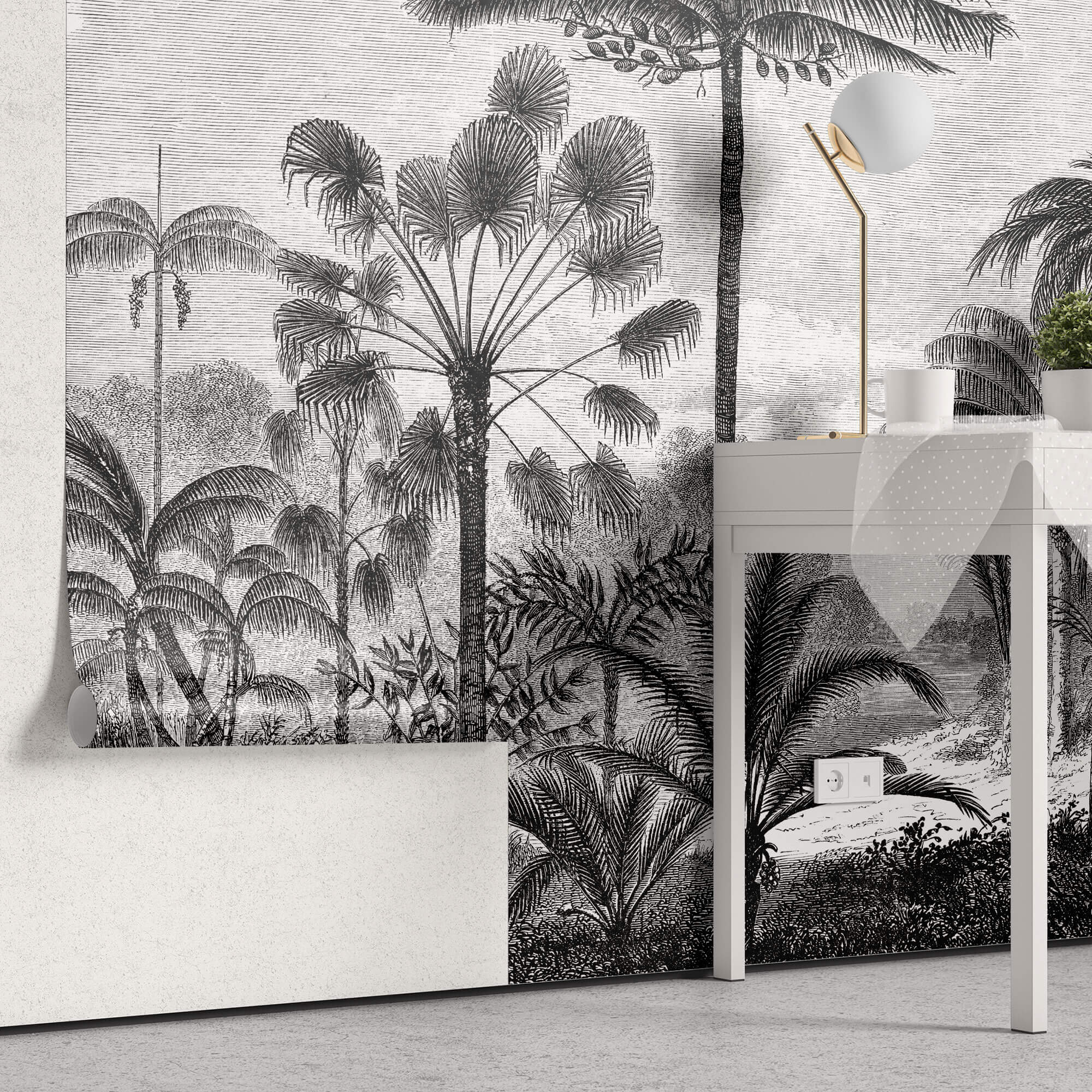 Tapet personalizat Tropical cu peisaj tropical desenat in dungi alb si negru - TROPICAL POSTCARD