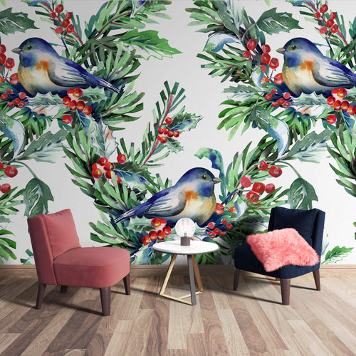 Tapet personalizat Tropical cu pasari si fructe - BIRDS AND BERRIES