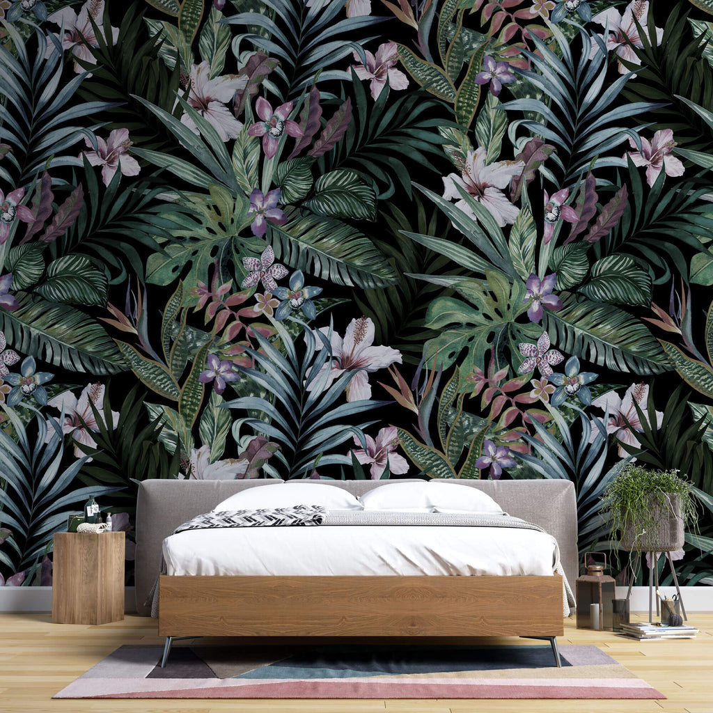 Tapet personalizat Tropical cu plante tropicale si flori de hibiscus - DARK PINKY TROPICAL