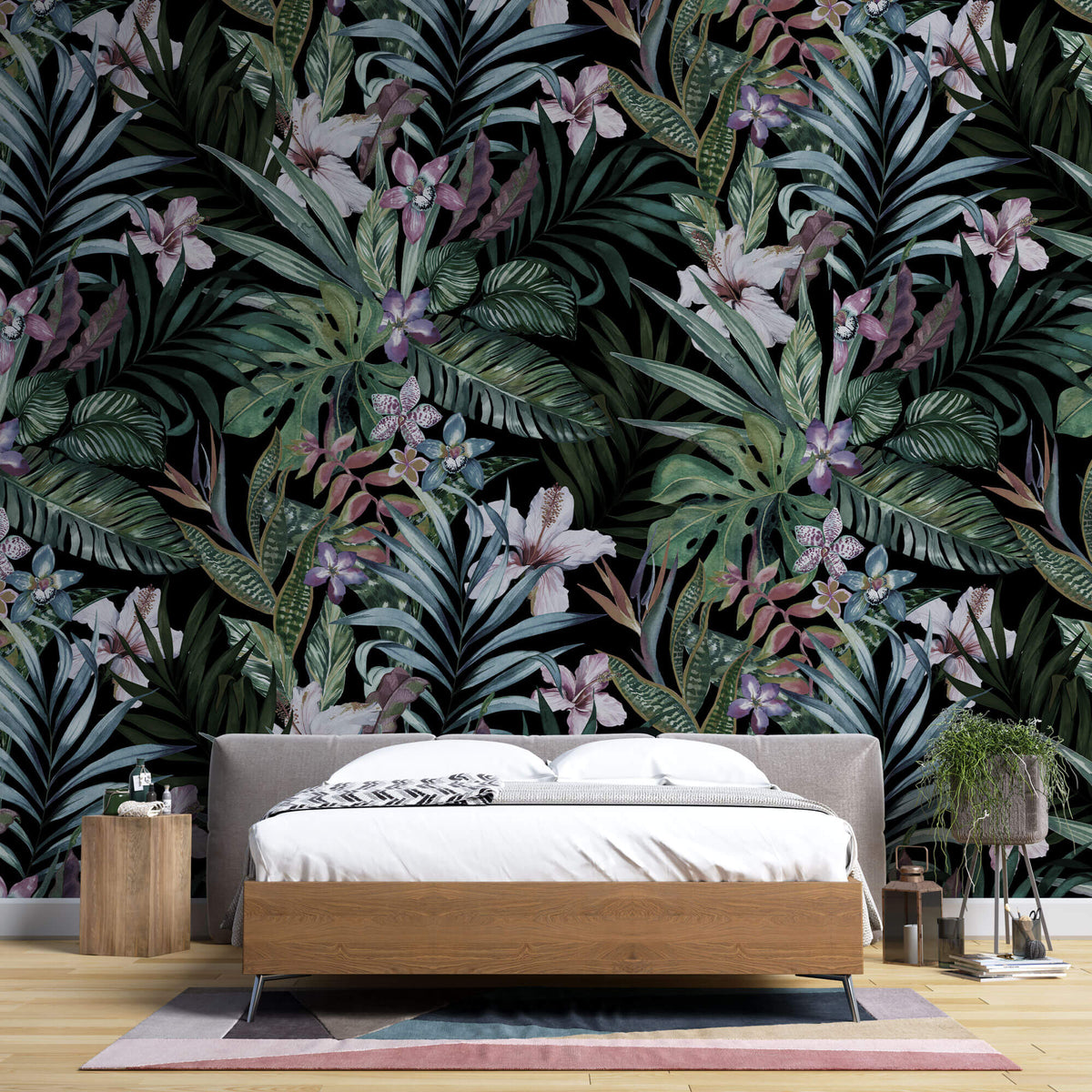 Tapet personalizat Tropical cu plante tropicale si flori de hibiscus - DARK PINKY TROPICAL