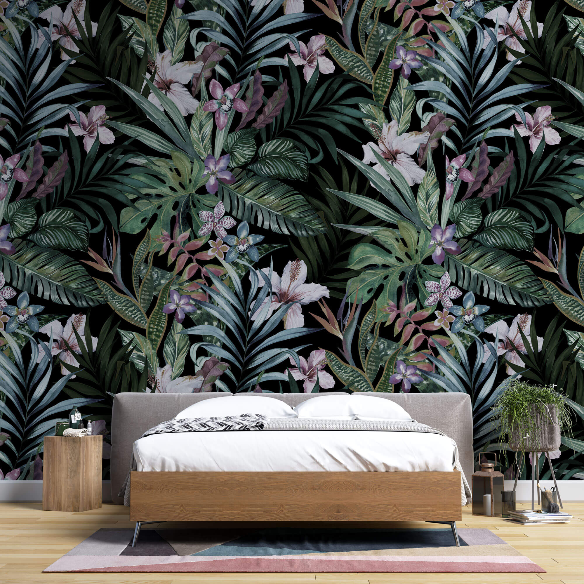 Tapet personalizat Tropical cu plante tropicale si flori de hibiscus - DARK PINKY TROPICAL