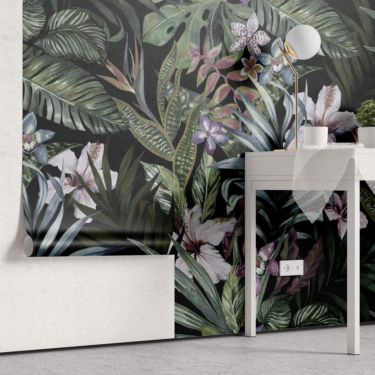 Tapet personalizat Tropical cu plante tropicale si flori de hibiscus - DARK PINKY TROPICAL