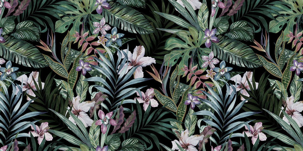 Tapet personalizat Tropical cu plante tropicale si flori de hibiscus - DARK PINKY TROPICAL