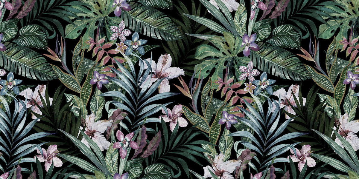 Tapet personalizat Tropical cu plante tropicale si flori de hibiscus - DARK PINKY TROPICAL