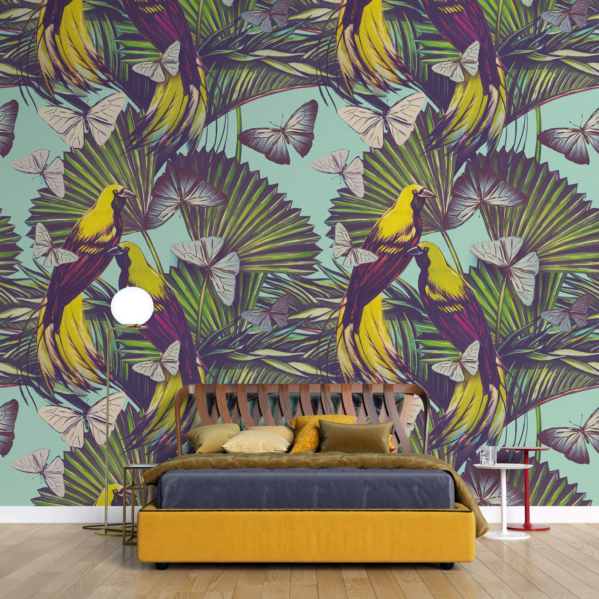 Tapet personalizat Tropical cu papagali si fluturi tropicali - YELLOW BIRDS PATTERN
