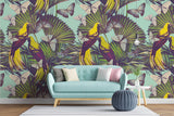 Tapet personalizat Tropical cu papagali si fluturi tropicali - YELLOW BIRDS PATTERN