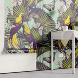 Tapet personalizat Tropical cu papagali si fluturi tropicali - YELLOW BIRDS PATTERN