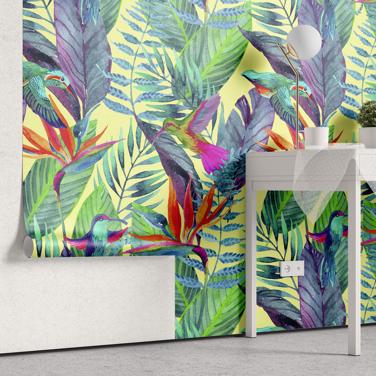 Tapet personalizat Tropical cu pasari si plante verzi - FLASHY TROPICAL
