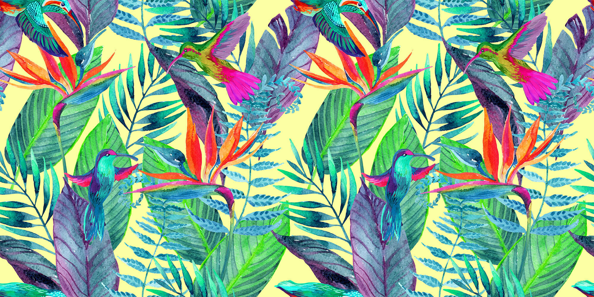 Tapet personalizat Tropical cu pasari si plante verzi - FLASHY TROPICAL
