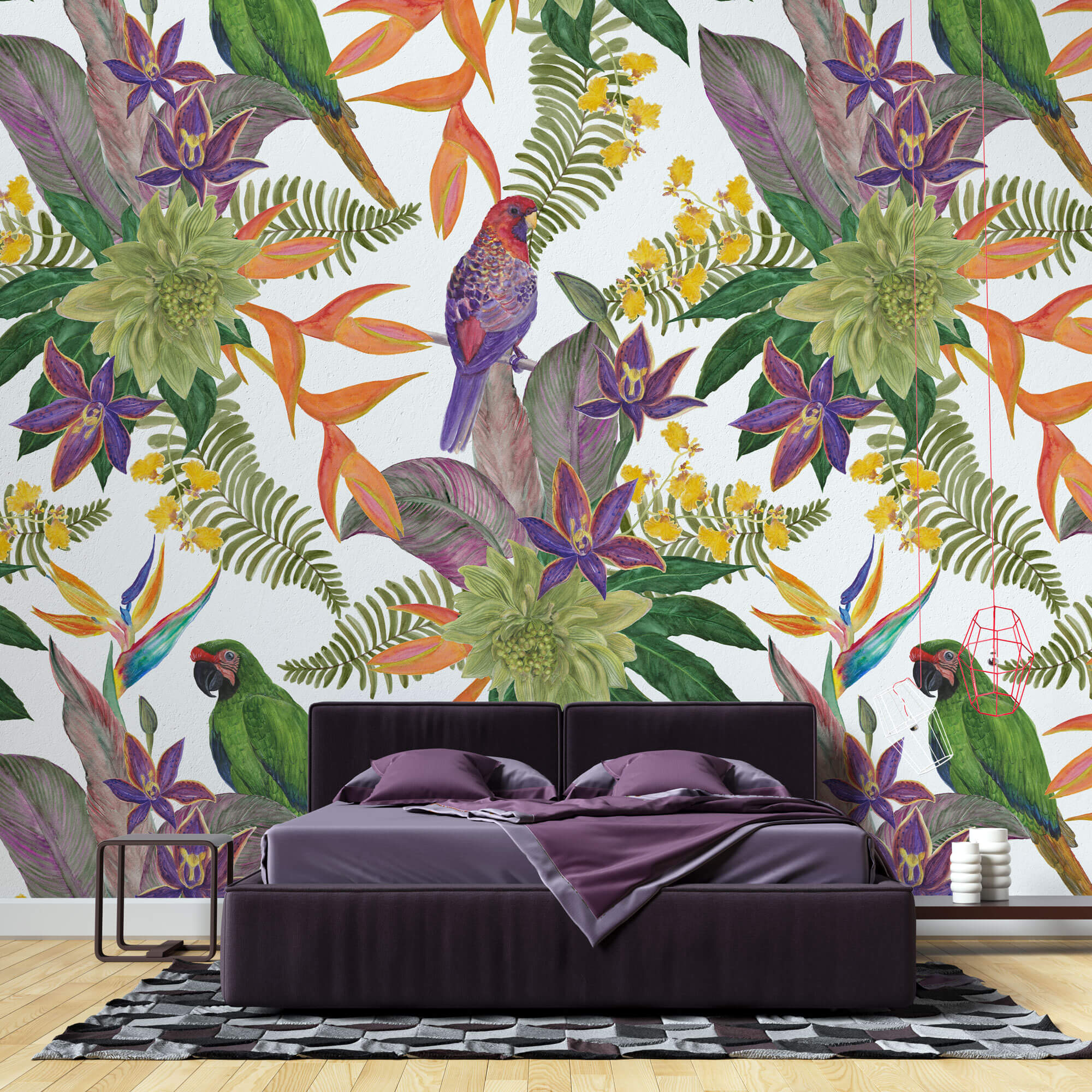 Tapet personalizat Tropical cu papagali si flori exotice - FRENZY PARROTS