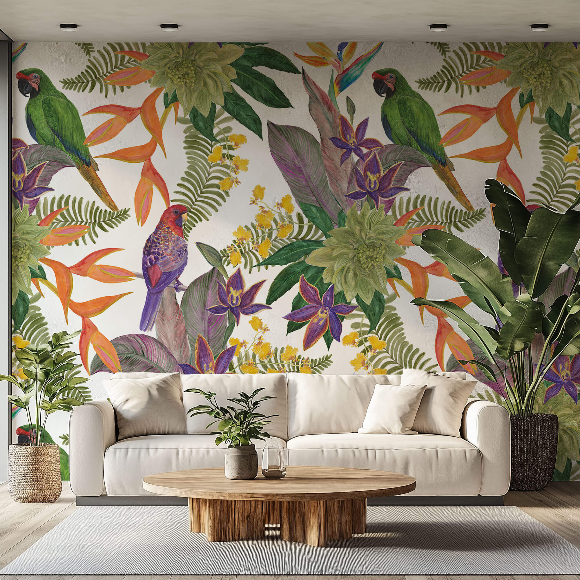 Tapet personalizat Tropical cu papagali si flori exotice - FRENZY PARROTS
