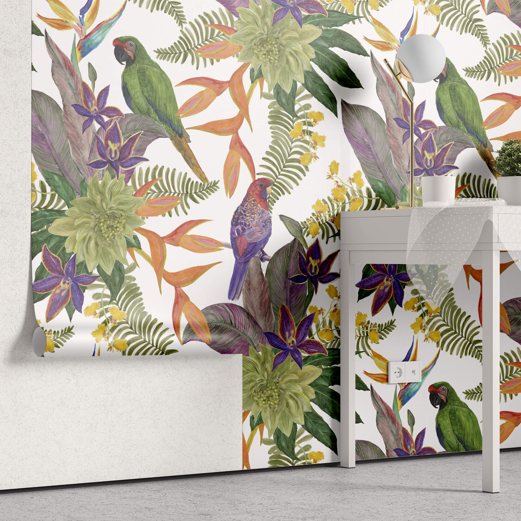 Tapet personalizat Tropical cu papagali si flori exotice - FRENZY PARROTS