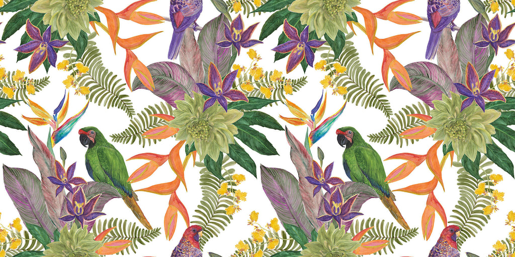 Tapet personalizat Tropical cu papagali si flori exotice - FRENZY PARROTS