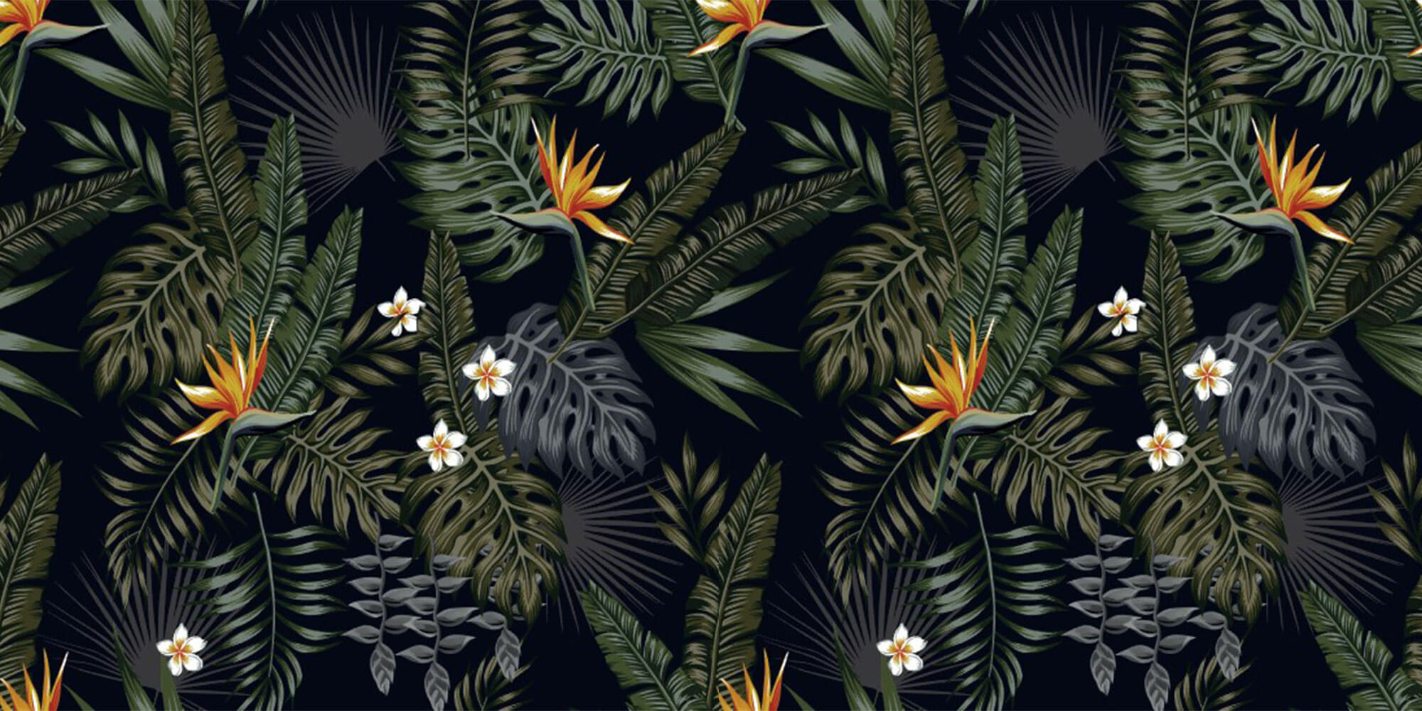 Tapet personalizat Tropical cu frunze si flori tropicale pe un fundal negru - BLACK PARADISE