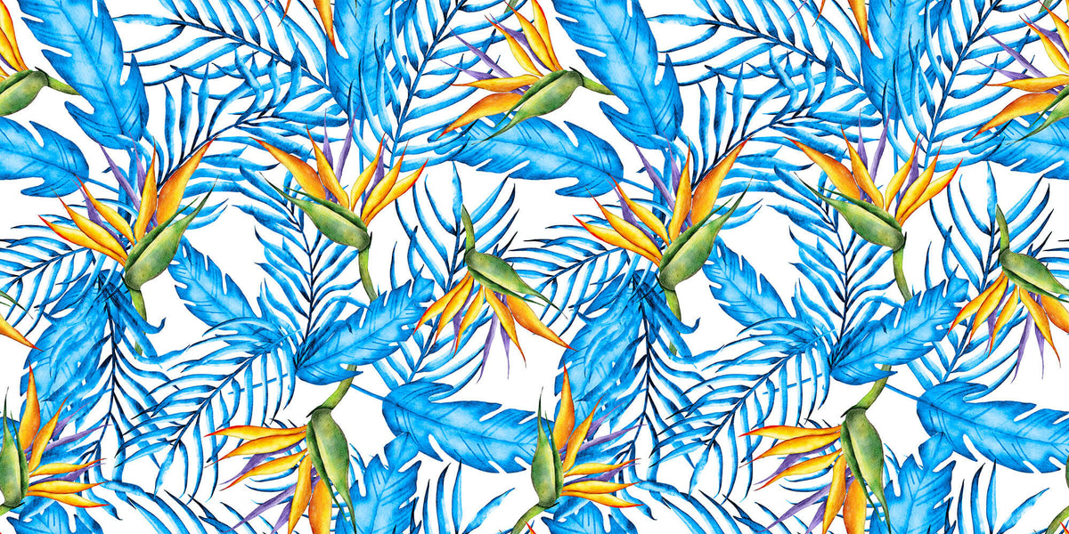 Tapet personalizat Tropical cu floarea paradisului si frunze de palmieri albastre - BLUE BIRD OF PARADISE