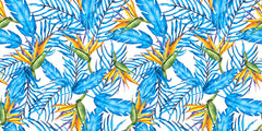 Tapet personalizat Tropical cu floarea paradisului si frunze de palmieri albastre - BLUE BIRD OF PARADISE