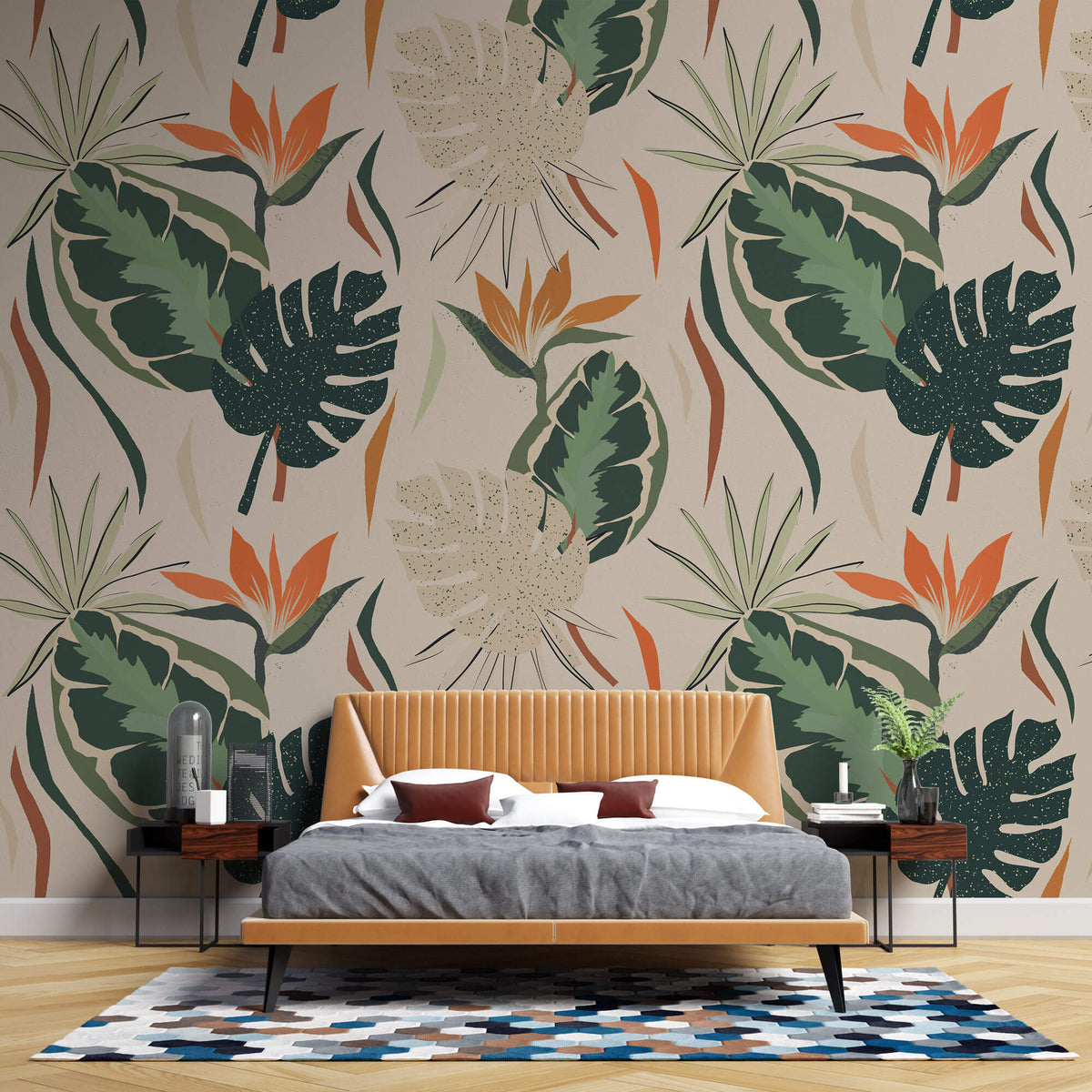 Tapet personalizat Tropical cu plante tropicale pe un fundal crem - BOHO TROPICAL LEAVES