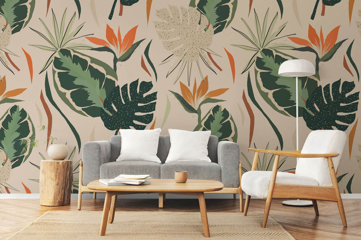 Tapet personalizat Tropical cu plante tropicale pe un fundal crem - BOHO TROPICAL LEAVES