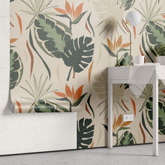 Tapet personalizat Tropical cu plante tropicale pe un fundal crem - BOHO TROPICAL LEAVES