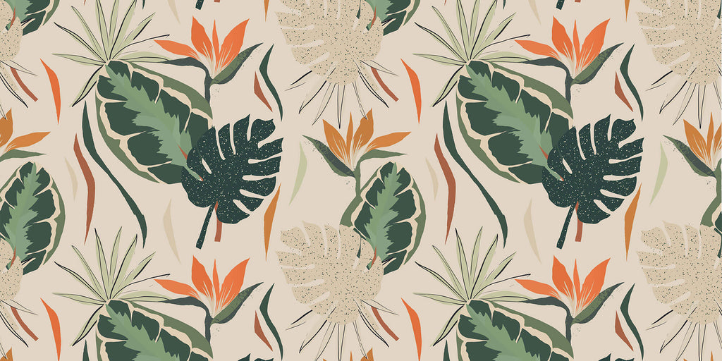 Tapet personalizat Tropical cu plante tropicale pe un fundal crem - BOHO TROPICAL LEAVES