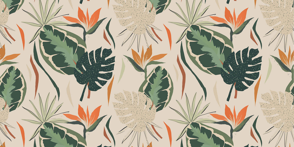 Tapet personalizat Tropical cu plante tropicale pe un fundal crem - BOHO TROPICAL LEAVES