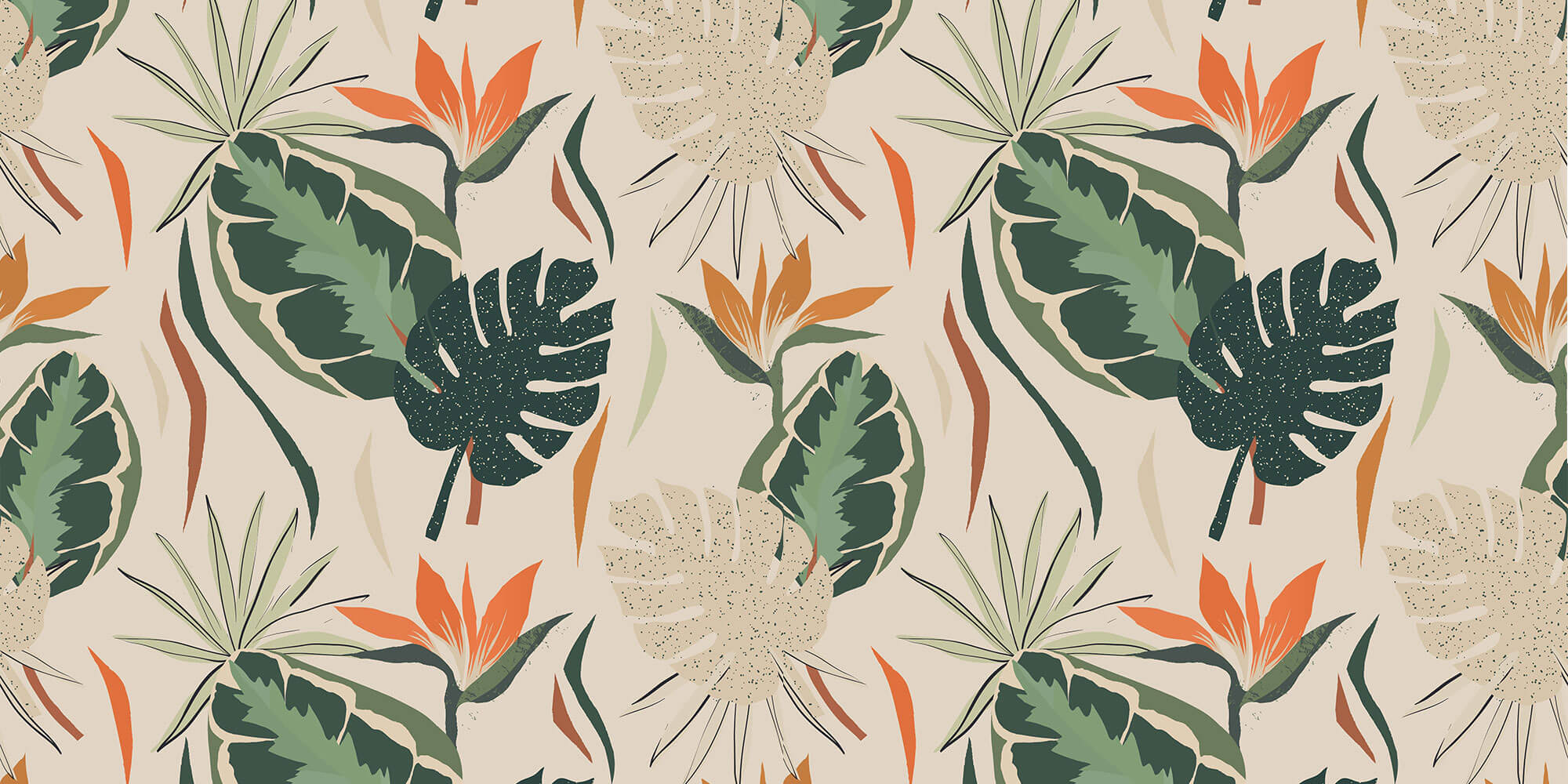 Tapet personalizat Tropical cu plante tropicale pe un fundal crem - BOHO TROPICAL LEAVES