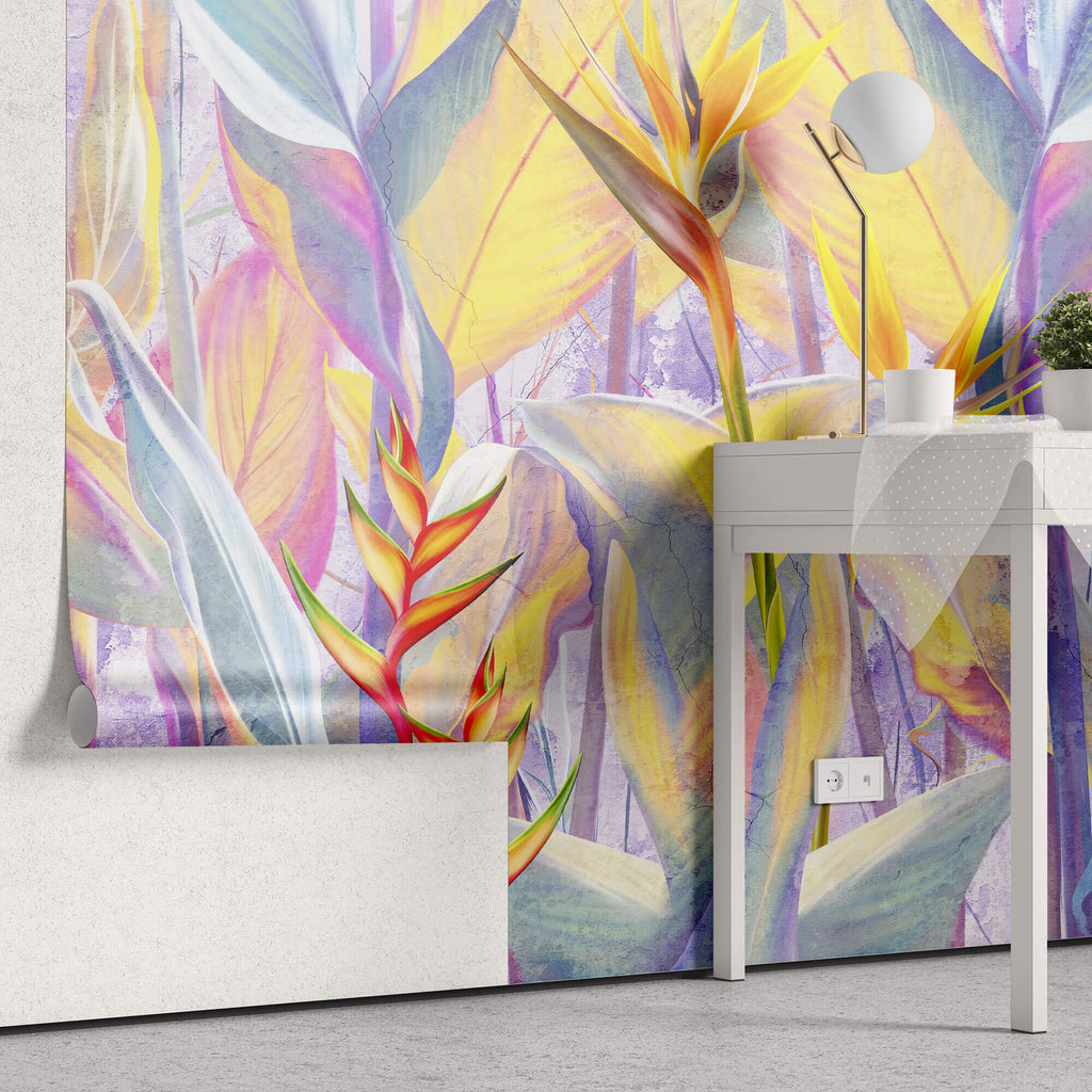 Tapet personalizat Tropical cu floarea paradisului in nuante vibrante de portocaliu si roz - FRENZY BIRD OF PARADISE