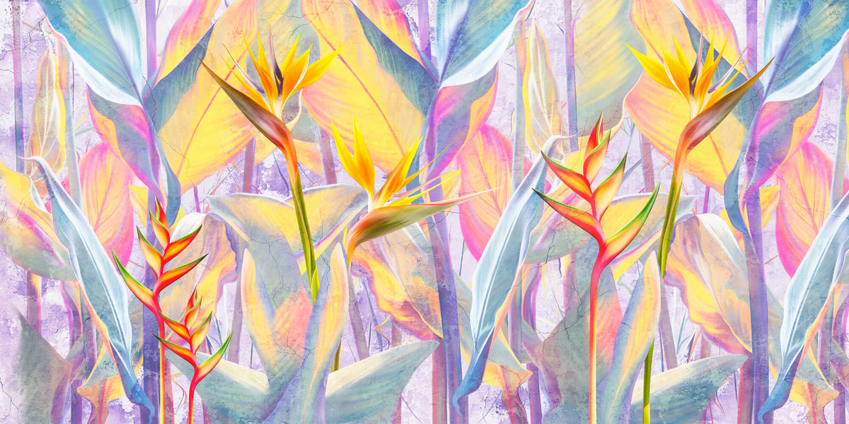 Tapet personalizat Tropical cu floarea paradisului in nuante vibrante de portocaliu si roz - FRENZY BIRD OF PARADISE