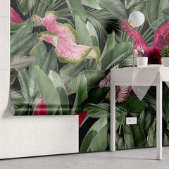 Tapet personalizat Tropical cu papagali si plante exotice roz - PINK PARROT