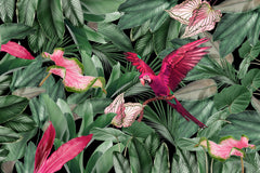 Tapet personalizat Tropical cu papagali si plante exotice roz - PINK PARROT
