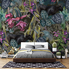 Tapet personalizat Tropical cu plante tropicale si pantere negre - PINK BLACK PANTHER
