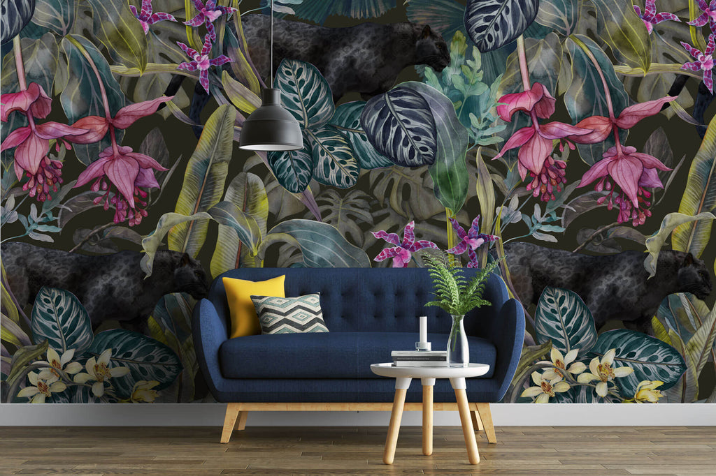 Tapet personalizat Tropical cu plante tropicale si pantere negre - PINK BLACK PANTHER