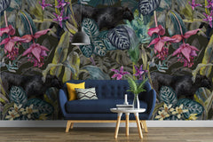 Tapet personalizat Tropical cu plante tropicale si pantere negre - PINK BLACK PANTHER