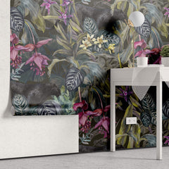 Tapet personalizat Tropical cu plante tropicale si pantere negre - PINK BLACK PANTHER