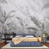 Tapet personalizat Tropical cu plante tropicale gri pe un fundal de marmura gri - GREY TROPICAL MARBLE