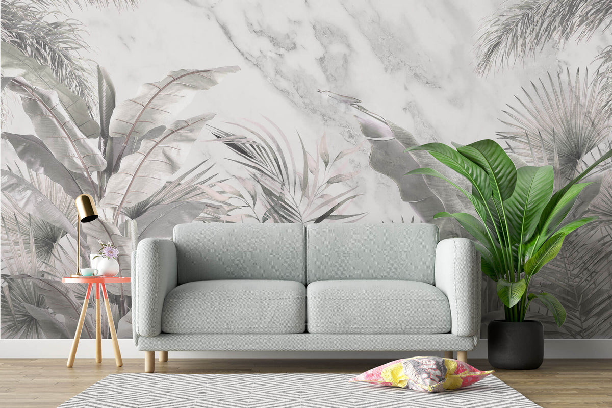 Tapet personalizat Tropical cu plante tropicale gri pe un fundal de marmura gri - GREY TROPICAL MARBLE
