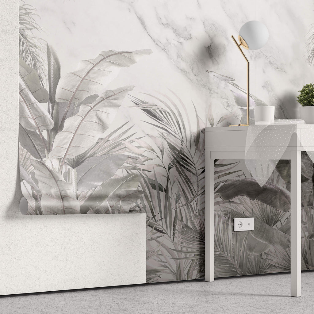 Tapet personalizat Tropical cu plante tropicale gri pe un fundal de marmura gri - GREY TROPICAL MARBLE