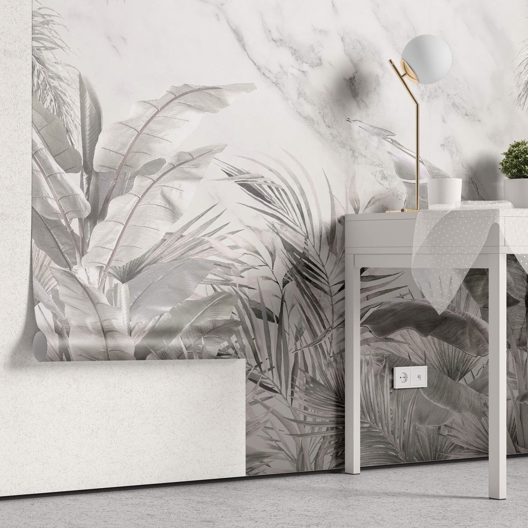 Tapet personalizat Tropical cu plante tropicale gri pe un fundal de marmura gri - GREY TROPICAL MARBLE
