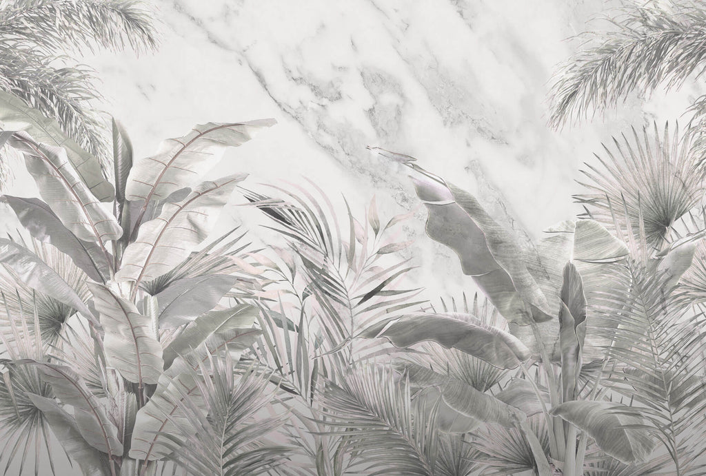 Tapet personalizat Tropical cu plante tropicale gri pe un fundal de marmura gri - GREY TROPICAL MARBLE