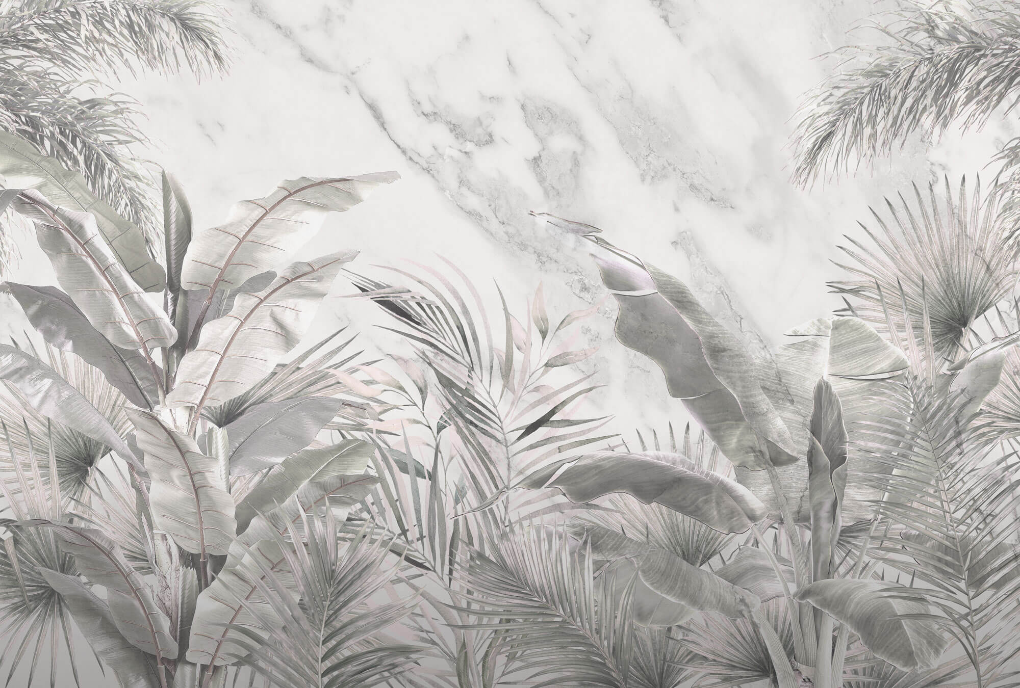 Tapet personalizat Tropical cu plante tropicale gri pe un fundal de marmura gri - GREY TROPICAL MARBLE