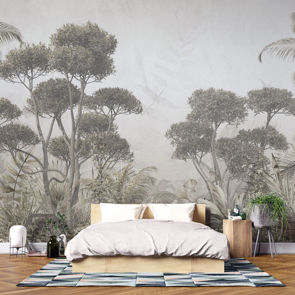 Tapet personalizat Tropical cu copaci si plante exotice - GREY RAINFOREST