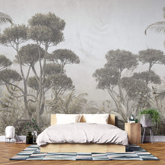Tapet personalizat Tropical cu copaci si plante exotice - GREY RAINFOREST