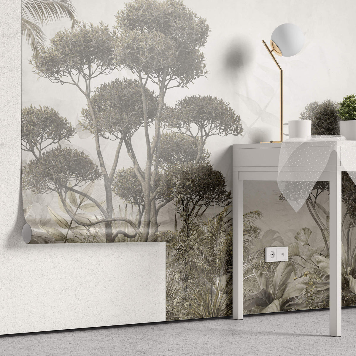 Tapet personalizat Tropical cu copaci si plante exotice - GREY RAINFOREST